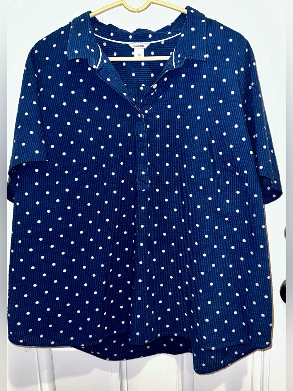 L.L. Bean Women’s Navy and White Polka Dot Short Sleeve Button-Front Shirt 3XL